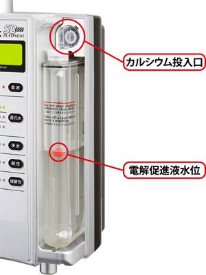 電解促進液タンクを内蔵して、強酸性水、強還元水を安定して連続生成（イメージ）